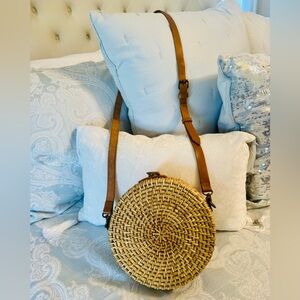 Nordstrom Round Woven Crossbody with Brown Leather Strap